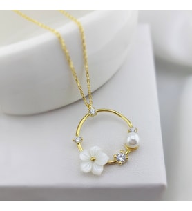 Vaoov 925 Ayar Gümüş İncili Çiçek Hediye Kolye (Gold)