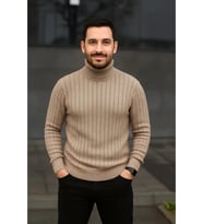 Erkek Balıkcı Yaka Bağazlı Triko Kazak Pamuklu Kalın Fitilli Dokuma, Regular Fit Uzun Kollu Kışlık Model - Bej