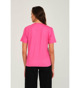 Fashion Baskılı Kristal Taşlı Viskoz T-shirt (Fuşya)
