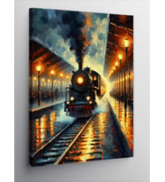 Kanvas Tablo Gece Buharlı Tren Yolculuğu
