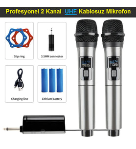 Profesyonel 2 Kanal UHF Kablosuz Telsiz Mikrofon
