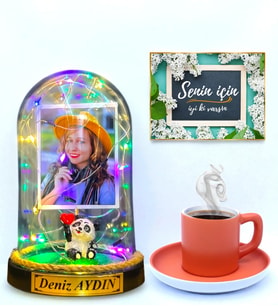 Renkli Türk Kahvesi Fincanı ve Renkli Led Işıklı Fotoğraflı Yazılı Fanus Hediye Seti - Turuncu Fincanlı (Model 8)
