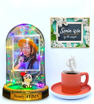 Renkli Türk Kahvesi Fincanı ve Renkli Led Işıklı Fotoğraflı Yazılı Fanus Hediye Seti - Turuncu Fincanlı (Model 8)