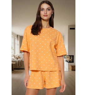Puantiyeli Kalpli Pamuklu Pijama Takımı Rahatlık ve Şıklık Bir Arada Dayanıklı Malzeme (Turuncu)