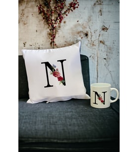 N Harfi Kupa Bardak ve Yastık Set (Beyaz)