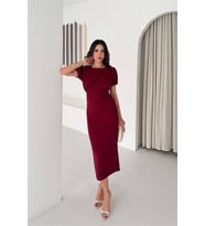 kadın bordo midi boy büzgü detaylı balon kol dar kesim elbise NBK4574