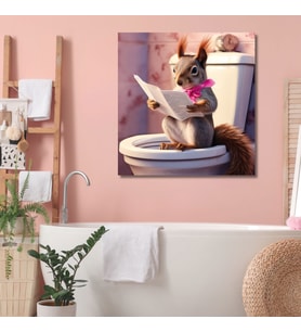 Tekli Kare Kanvas Banyo Tablosu Gazete Okuyan Pembe Fularlı Sincap