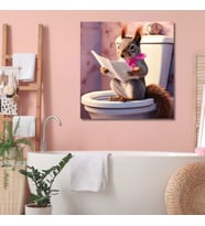 Tekli Kare Kanvas Banyo Tablosu Gazete Okuyan Pembe Fularlı Sincap