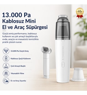 13.000 Pa Güçlü Emiş Kablosuz Şarjlı Taşınabilir Mini El ve Araç Süpürgesi