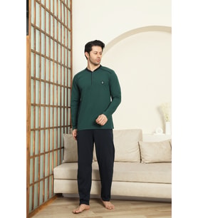 Erkek %100 Pamuklu Pijama Takımı-3 Düğmeli-12440 ENİSENA (Petrol Yeşili)