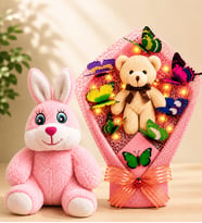 LED Işıklı Peluş Ayıcık Buketi ve Pembe Peluş Tavşan Sevgiliye Arkadaşa Anneye Kadına Hediye
