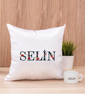 Kişiye Özel Çiçek Harf Tasarım İsim Yazılı Kare Yastık ve Fincan