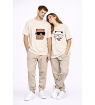 Sevgili Çift Tişört Panda Karakter Baskılı Partner Kombini Oversize Unisex Stil (Bej)