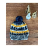 Gri Lacivert Desenli Örgü Yün Bere, Kışlık Bere, İskandinav, Norveç, Wool Beanie, Çocuk Bere, Şapka (Çok Renkli)