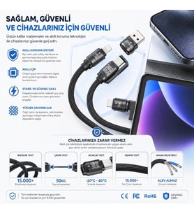 Bix 5IN1C-BK 1.5 Metre Siyah 240W USB-A ve Type C ve Lightning Çok Fonksiyonlu Yüksek Hızlı Şarj ve Data Kablosu, Çok uçlu Şarj Kablosu (Tüm Type C/Lightning Telefon ve Tabletlerle Uyumludur)