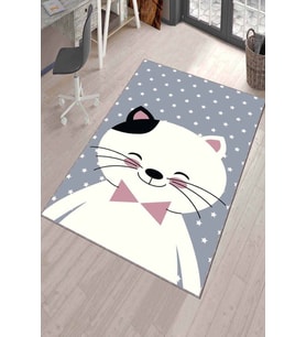 Gri Kaymaz Tabanlı Yıkanabilir Kedili Çocuk Halısı KD017