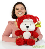 70 Cm Kapşonlu Uykumcuk Peluş Ayıcık Panda (MAVİMSİ) (Kırmızı)