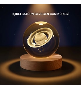 Satürn Desenli Kristal Küre Led Gece Lambası Ahşap Standlı