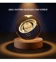 Satürn Desenli Kristal Küre Led Gece Lambası Ahşap Standlı