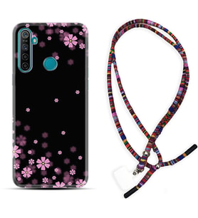 Realme 5i 5 Pro 6i 7 Pro 8 Kılıf Boyun Asklı Rasta Silikon Black flowers 1391
