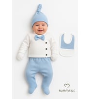 BABYDEN'S Erkek Bebek Hastane Çıkışı 5'li Takım %100Pamuk Ribana Kumaş Papyonlu Zıbın, Şapka,Eldiven,Önlük,Alt (Mavi)