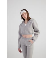Kadın Gri Kapüşonlu Uzun Kol Fermuarlı Crop Mixed Sweat