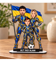 Fotoğraftan Kişiye Özel 3 Kişilik Sarı Lacivert Aile Süper Karikatürlü 18 cm MDF Masaüstü Biblo - Futbol Temalı Hediye Futbol Severlere ve Spor Tutkunlarına Hediye