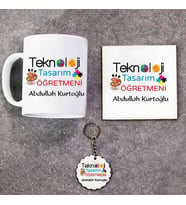 Teknoloji Tasarım Öğretmeni Kupa Bardak Altlık ve Anahtarlık Hediye Seti (Model 1)