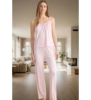 Rahat Viskoz Pijama Takımı; Çiçek Desenli İnce Askılı Normal Bel Geniş Paça Trend Tasarım (Pembe)