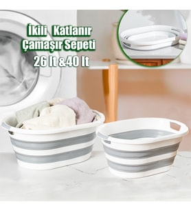 Porsima LA-550 2 li Katlanabilir Çamaşır Sepeti Akordiyon Katlanır Sele Sepet Silikon Çamaşır Sepeti (40 L + 26 L)