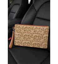 Hasır Yıldız Nakış İşlemeli Portföy El Çantası Bilek Askılı Hasır Clutch Çanta