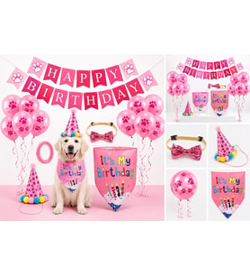 Kedi ve Köpekler İçin Evcil Hayvan Doğum Günü Parti Seti, Happy Birthday Süsleme, Pati Desenli Balonlar, Parti Şapkası, Papyonlu Tasma ve Fular (Pembe)