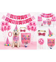 Kedi ve Köpekler İçin Evcil Hayvan Doğum Günü Parti Seti, Happy Birthday Süsleme, Pati Desenli Balonlar, Parti Şapkası, Papyonlu Tasma ve Fular (Pembe)