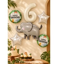 2 Yaş Fil Folyo Balonlu 5li Set ve Rakam Balon Safari Tema Balon Seti Set42