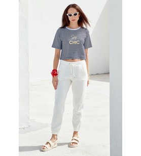 Parlak Baskılı Çizgili Crop Tişört - Lacivert