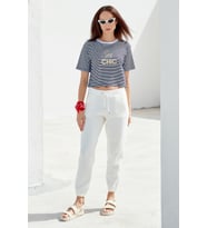 Parlak Baskılı Çizgili Crop Tişört - Lacivert