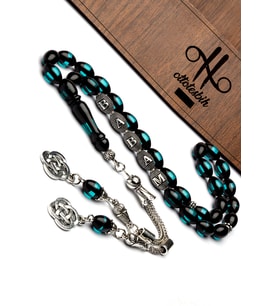 925 Ayar Gümüş Harfli 7x11mm Su Yeşili Sürmeli Kehribar Tesbih (Çok Renkli)