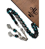 925 Ayar Gümüş Harfli 7x11mm Su Yeşili Sürmeli Kehribar Tesbih (Çok Renkli)