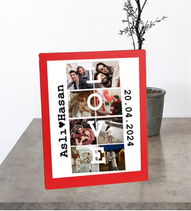 Kişiye Özel Masaüstü Takvim Tarih İsim Love Tasarımlı 8 Fotoğraflı Ahşap Kırmızı Mdf Resimli Kolaj Çerçeve