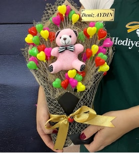 Size Özel İsimli Renkli Balonlu Pembe Ayıcık Buketi, Büyük Boy 40 cm