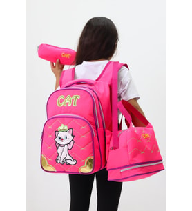Kız Çocuk CAT Temalı 3'li Okul ve Beslenme Çantası Seti – Pembe & Sevimli Kedi Desenli