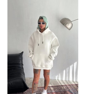 Kapşonlu Üç İplik Penye Basic SweatShirt - Beyaz