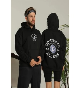 Erkek Sırt Baskılı Oversize Üç İplik Kapüşonlu Hoodie Sweatshirt - Siyah