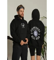 Erkek Sırt Baskılı Oversize Üç İplik Kapüşonlu Hoodie Sweatshirt - Siyah