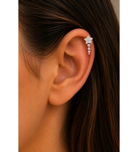 Sertifikalı 316L Çelik Taşlı Kayan Yıldız Figürlü Sallantılı Premium Gümüş Renk Helix Piercing