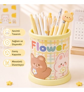 Kawaii Teddy Ayıcık Rabbit Tavşan Desenli Masaüstü Kalemlik Organizer – Geniş Kapasiteli Sevimli Kırtasiye Düzenleyici