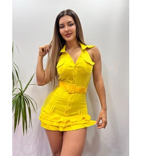 Sarı Gipe Detaylı Kemerli Fırfırlı Elbise