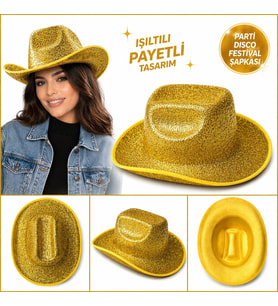 Parlak Altın Gold Kovboy Şapka Kadın Erkek Parti Disco Festival Şapkası