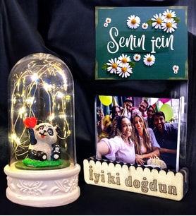 Kişiye Özel Fotoğraflı Led Işıklı Fanus / Mutlu Pandalı Doğum Günü Hediyesi