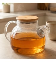 BK Gift Isıya Dayanıklı Süzgeçli Cam Demlik, Bambu Kapaklı 1 Litre Çaydanlık